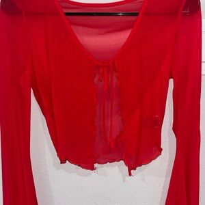 SHEIN Red Sheer Tie-Front Long Sleeve Top